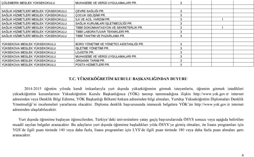 3 SAĞLIK HİZMETLERİ MESLEK YÜKSEKOKULU TIBBİ DOKÜMANTASYON VE SEKRETERLİK PR. 3 1 SAĞLIK HİZMETLERİ MESLEK YÜKSEKOKULU TIBBİ LABORATUVAR TEKNİKLERİ PR.