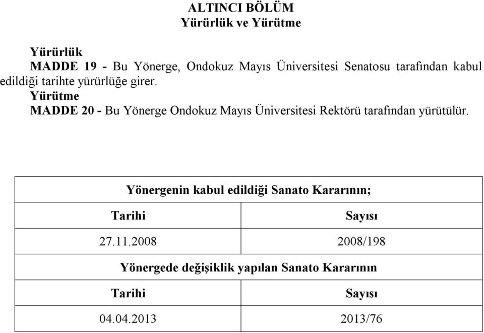 Yürütme MADDE 20 - Bu Yönerge Ondokuz Mayıs Üniversitesi Rektörü tarafından yürütülür.