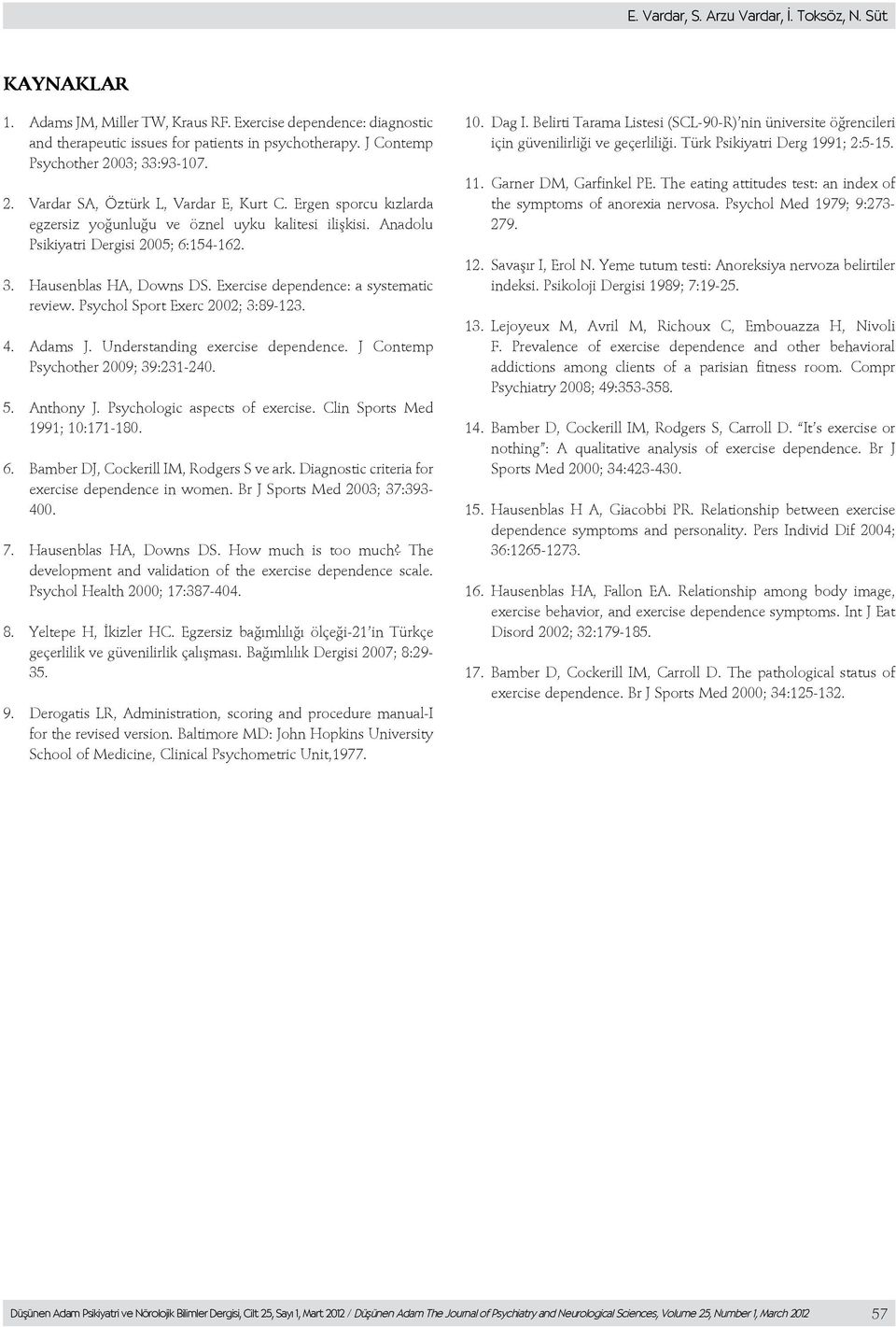 Exercise dependence: a systematic review. Psychol Sport Exerc 2002; 3:89-123. 4. Adams J. Understanding exercise dependence. J Contemp Psychother 2009; 39:231-240. 5. Anthony J.