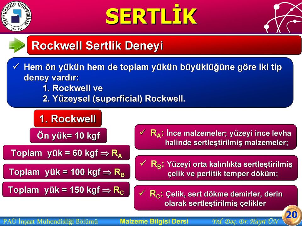 Rockwell Ön n yük= y 10 kgf Toplam yük y k = 60 kgf R A Toplam yük y k = 100 kgf R B R A : İnce malzemeler; nce malzemeler; yüzeyi ince levha halinde sertleştirilmi