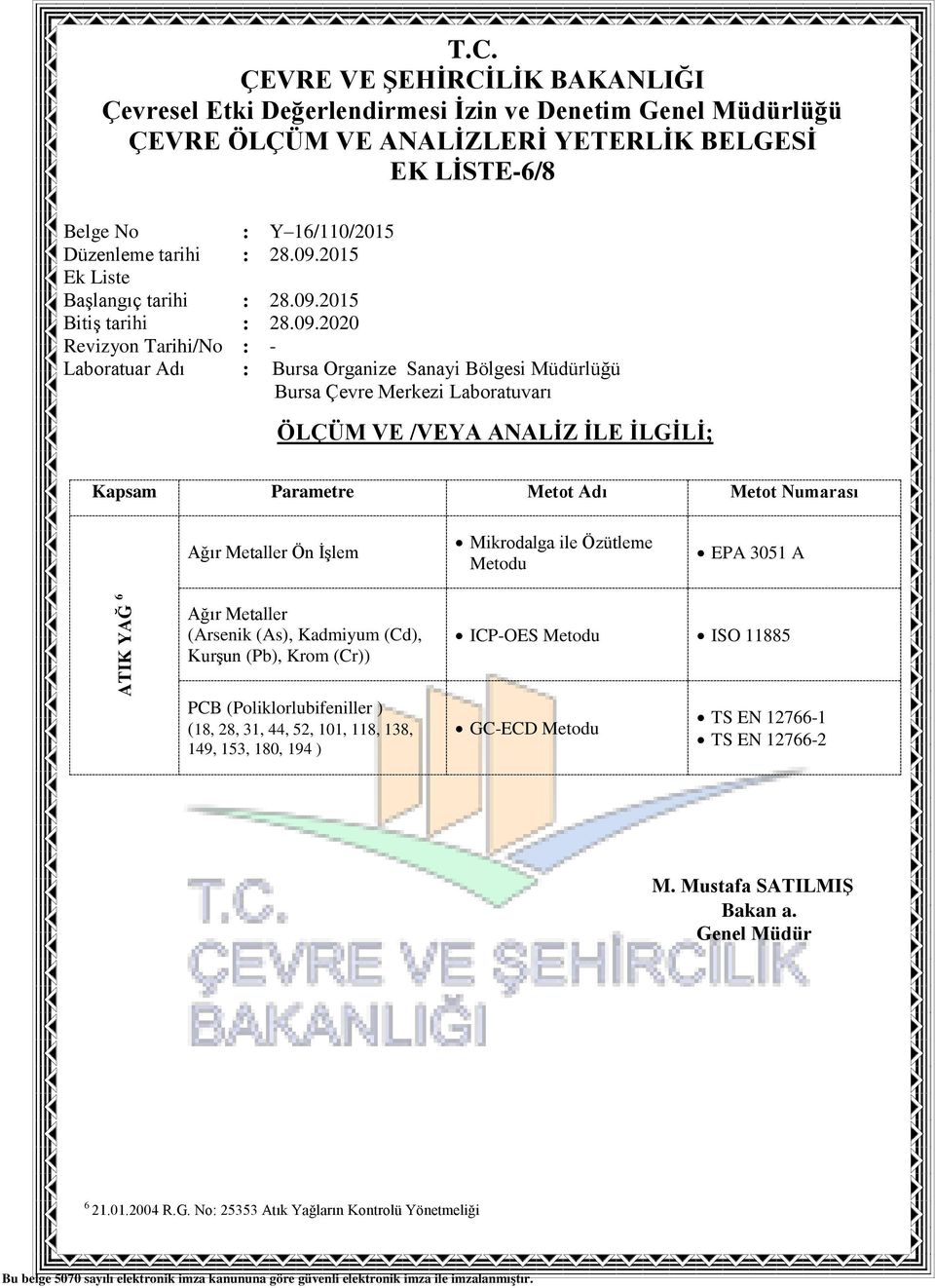 PCB (Poliklorlubifeniller ) (18, 28, 31, 44, 52, 101, 118, 138, 149, 153, 180, 194 ) ICP-OES Metodu ISO