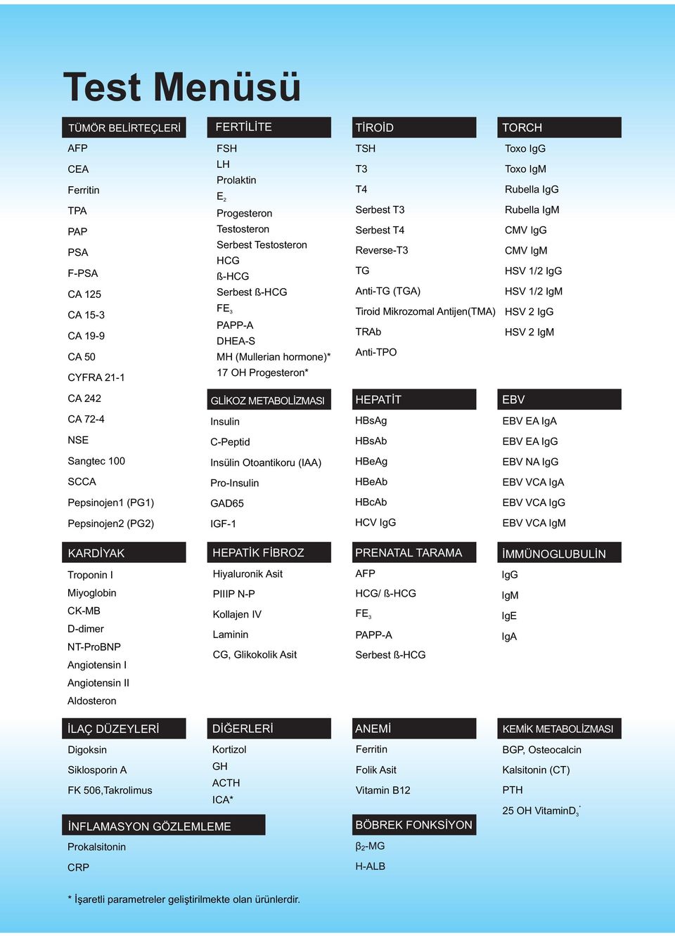 Rubella IgG Rubella IgM CMV IgG CMV IgM HSV 1/2 IgG HSV 1/2 IgM HSV 2 IgG HSV 2 IgM CA 242 GLİKOZ METABOLİZMASI HEPATİT CA 72-4 Insulin HBsAg EBV EA IgA NSE C-Peptid HBsAb EBV EA IgG Sangtec 100