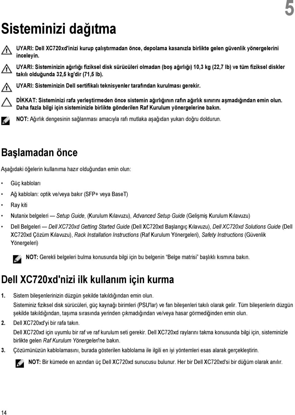 UYARI: Sisteminizin Dell sertifikalı teknisyenler tarafından kurulması gerekir. DİKKAT: Sisteminizi rafa yerleştirmeden önce sistemin ağırlığının rafın ağırlık sınırını aşmadığından emin olun.