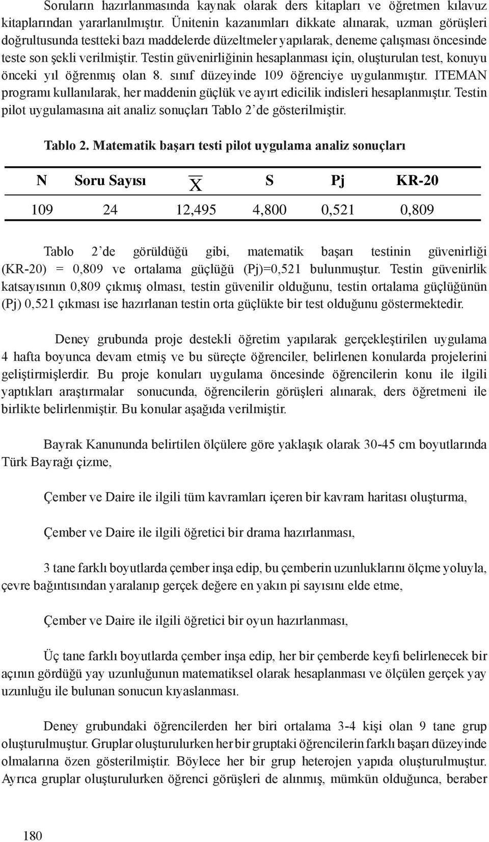 Testin güvenirliğinin hesaplanması için, oluşturulan test, konuyu önceki yıl öğrenmış olan 8. sınıf düzeyinde 109 öğrenciye uygulanmıştır.