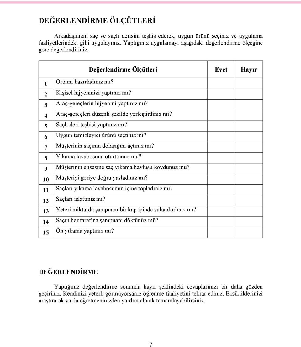 3 Araç-gereçlerin hijyenini yaptınız mı? 4 Araç-gereçleri düzenli şekilde yerleştirdiniz mi? 5 Saçlı deri teşhisi yaptınız mı? 6 Uygun temizleyici ürünü seçtiniz mi?