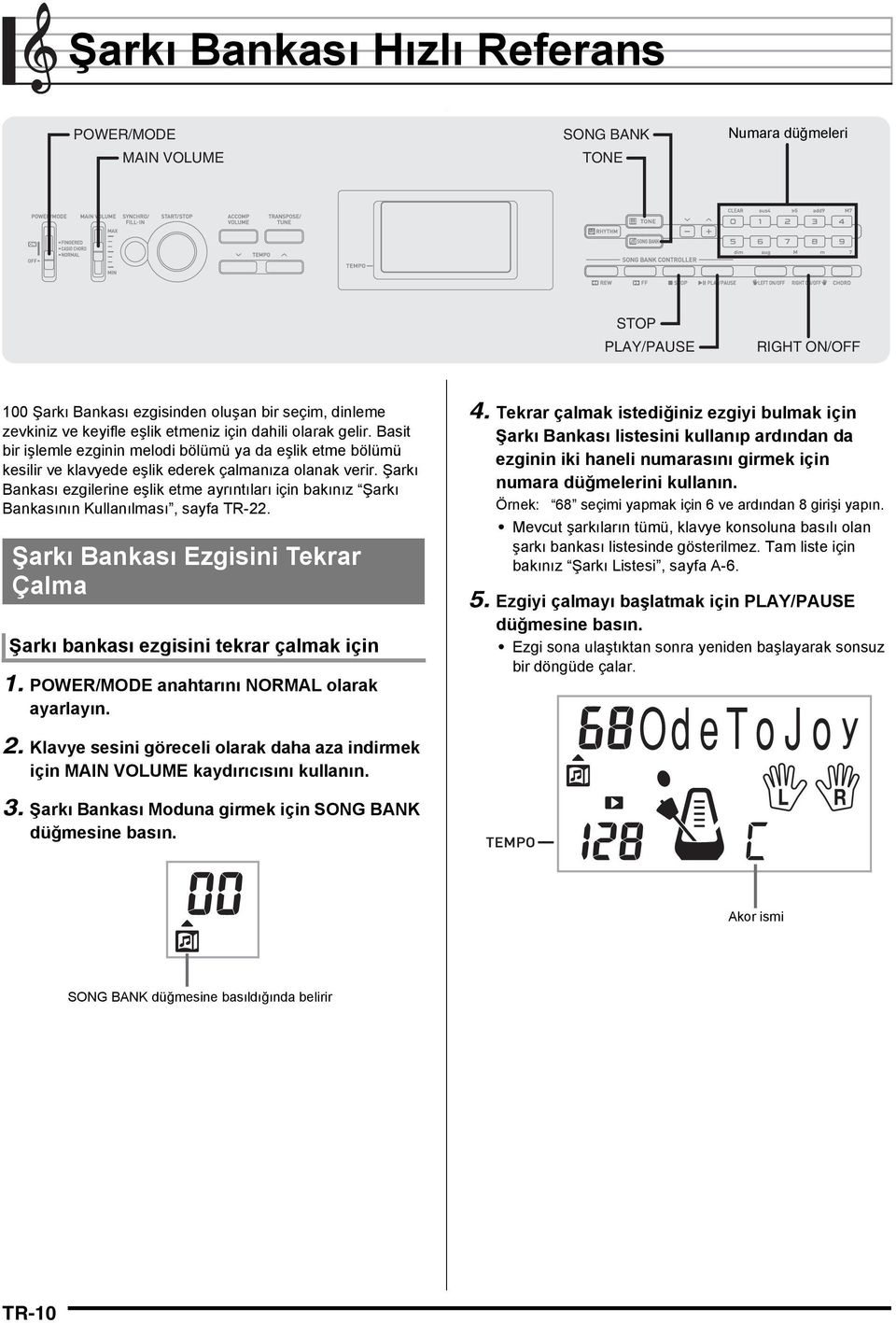 Şarkı Bankası ezgilerine eşlik etme ayrıntıları için bakınız Şarkı Bankasının Kullanılması, sayfa TR-22. Şarkı Bankası Ezgisini Tekrar Çalma Şarkı bankası ezgisini tekrar çalmak için 1.