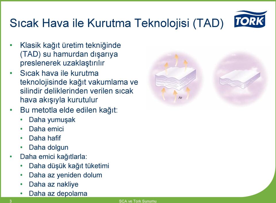 hava akışıyla kurutulur Bu metotla elde edilen kağıt: Daha yumuşak Daha emici Daha hafif Daha dolgun Daha emici