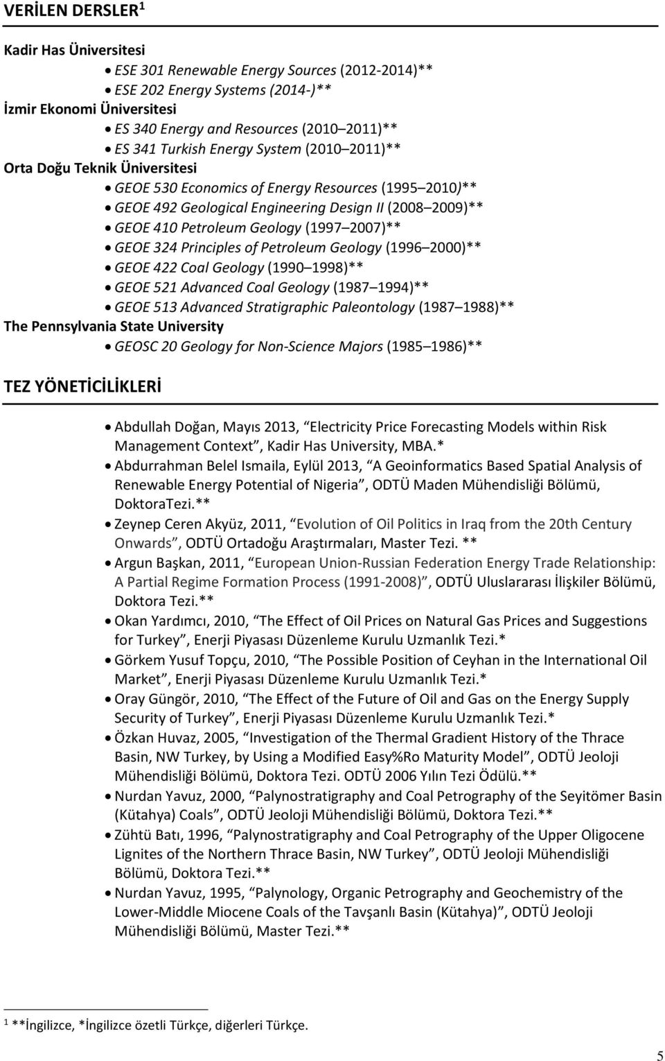 Geology (1997 2007)** GEOE 324 Principles of Petroleum Geology (1996 2000)** GEOE 422 Coal Geology (1990 1998)** GEOE 521 Advanced Coal Geology (1987 1994)** GEOE 513 Advanced Stratigraphic