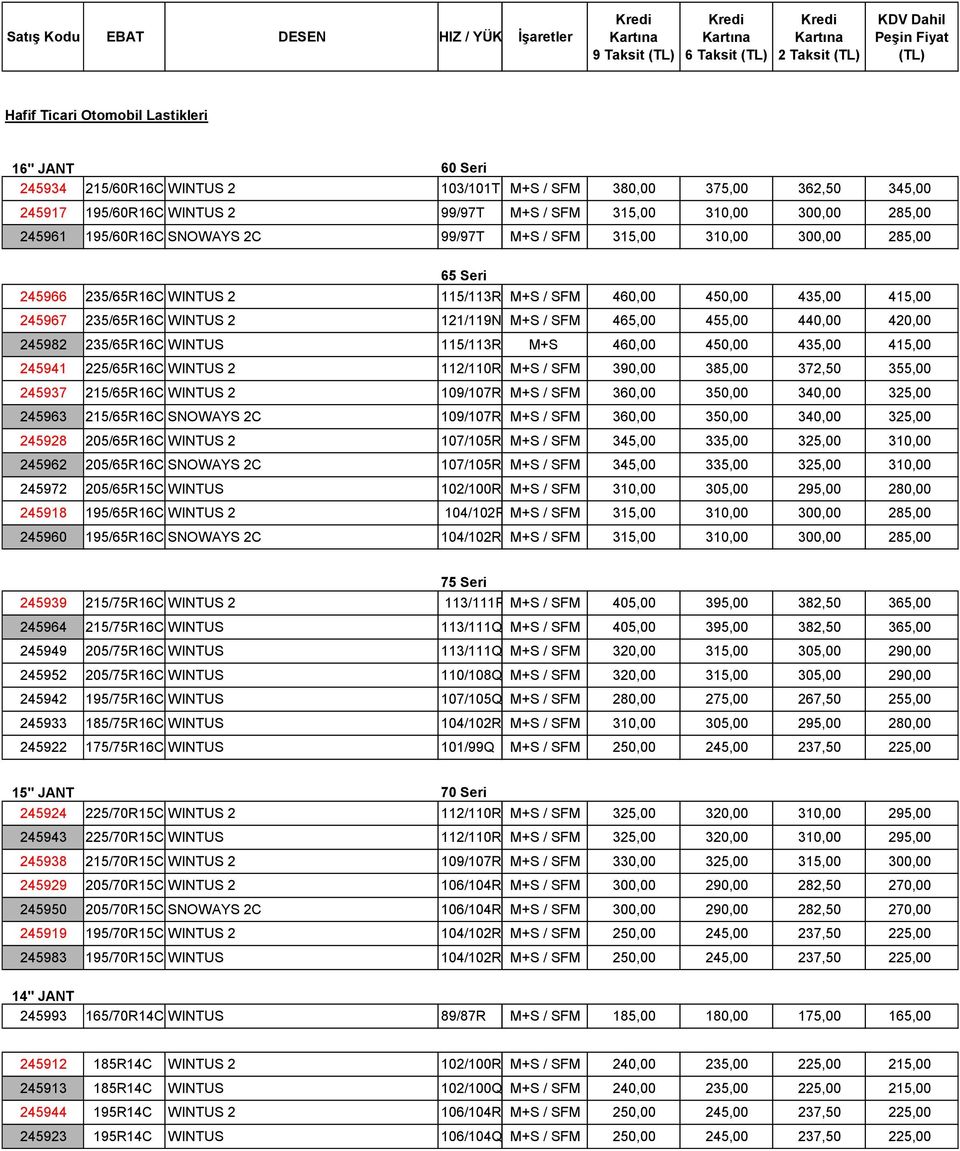 121/119N M+S / SFM 465,00 455,00 440,00 420,00 245982 235/65R16C WINTUS 115/113R M+S 460,00 450,00 435,00 415,00 245941 225/65R16C WINTUS 2 112/110R M+S / SFM 390,00 385,00 372,50 355,00 245937