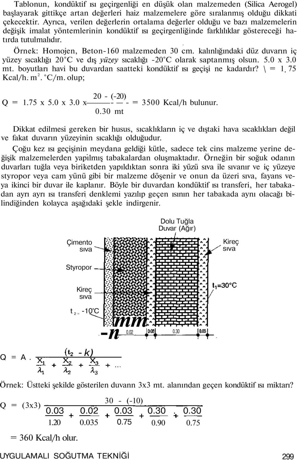 Örnek: Homojen, Beton-6 malzemeden 3 cm. kalınlığındak düz duvarın ç yüzey sıcaklığı 2 C ve dış yüzey sıcaklığı -2 C olarak saptanmış olsun. 5. x 3. mt.