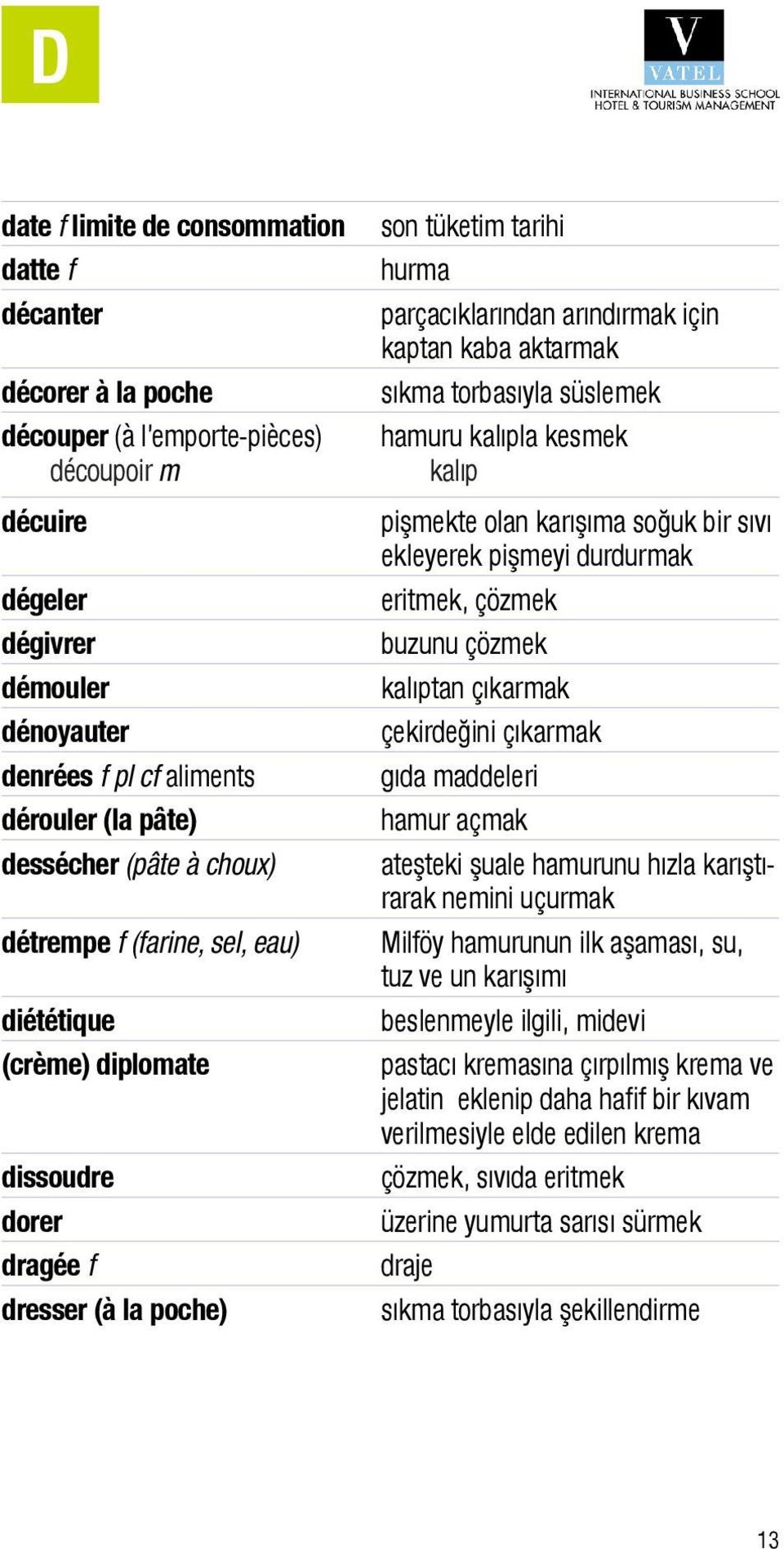 aktarmak sıkma torbasıyla süslemek hamuru kalıpla kesmek kalıp pişmekte olan karışıma soğuk bir sıvı ekleyerek pişmeyi durdurmak eritmek, çözmek buzunu çözmek kalıptan çıkarmak çekirdeğini çıkarmak