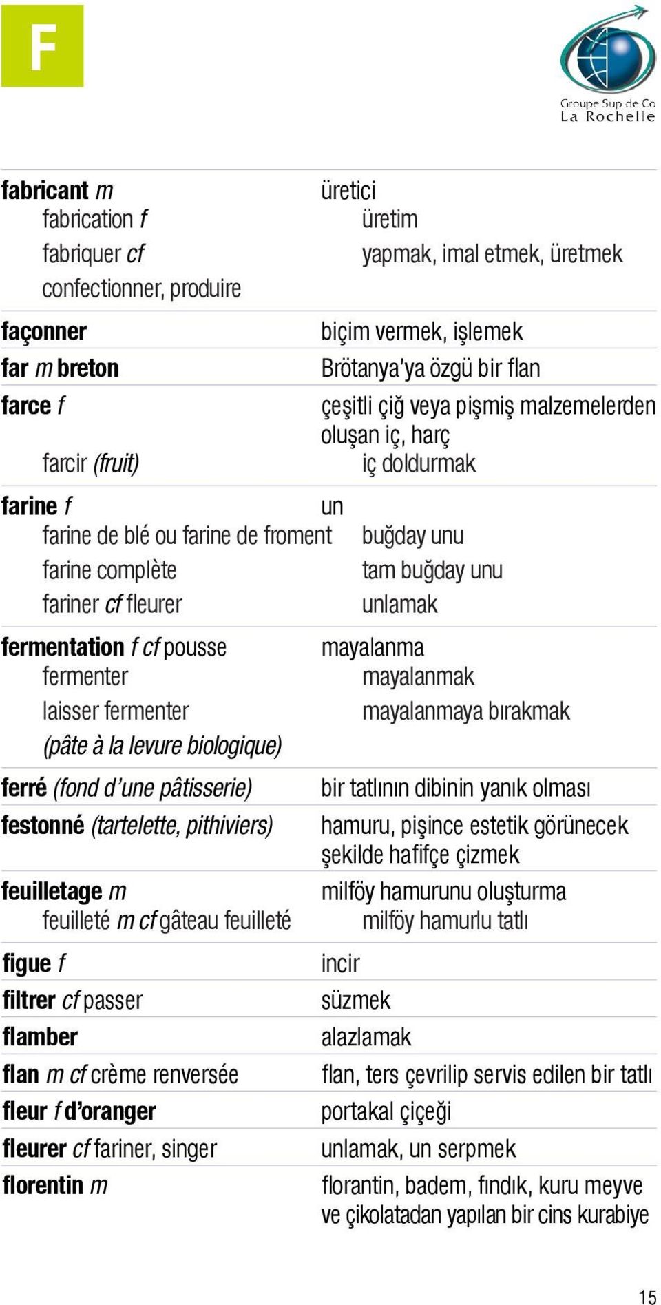 fermentation f cf pousse fermenter laisser fermenter (pâte à la levure biologique) ferré (fond d une pâtisserie) festonné (tartelette, pithiviers) feuilletage m feuilleté m cf gâteau feuilleté figue