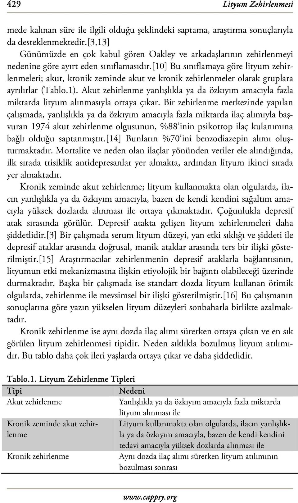 [10] Bu sınıflamaya göre lityum zehirlenmeleri; akut, kronik zeminde akut ve kronik zehirlenmeler olarak gruplara ayrılırlar (Tablo.1).