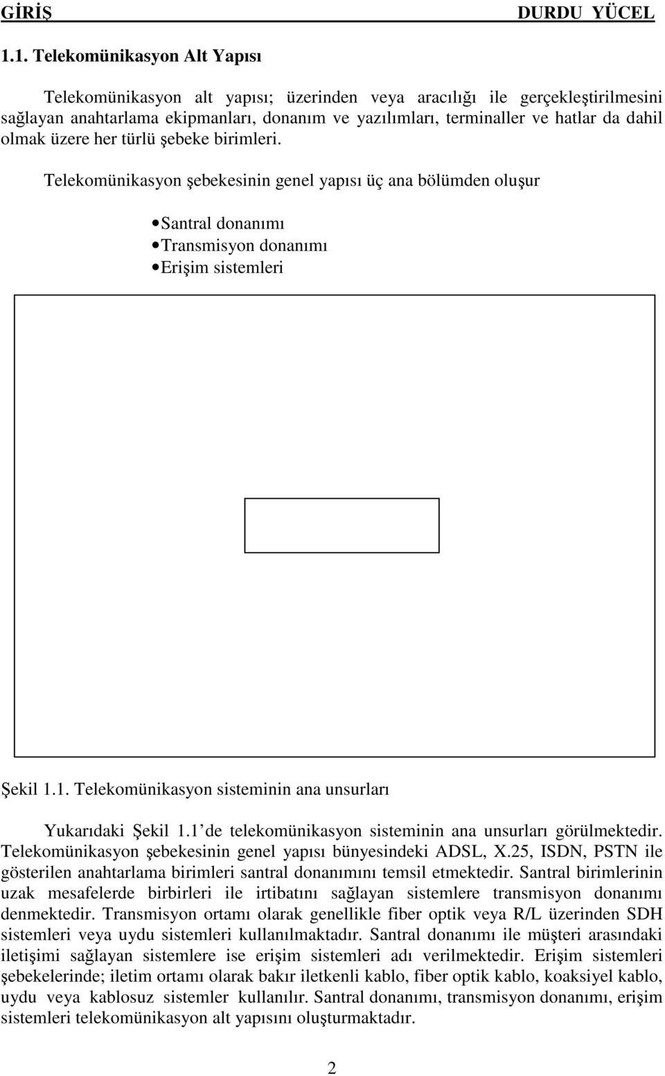 olmak üzere her türlü şebeke birimleri. Telekomünikasyon şebekesinin genel yapısı üç ana bölümden oluşur Santral donanımı Transmisyon donanımı Erişim sistemleri Şekil 1.