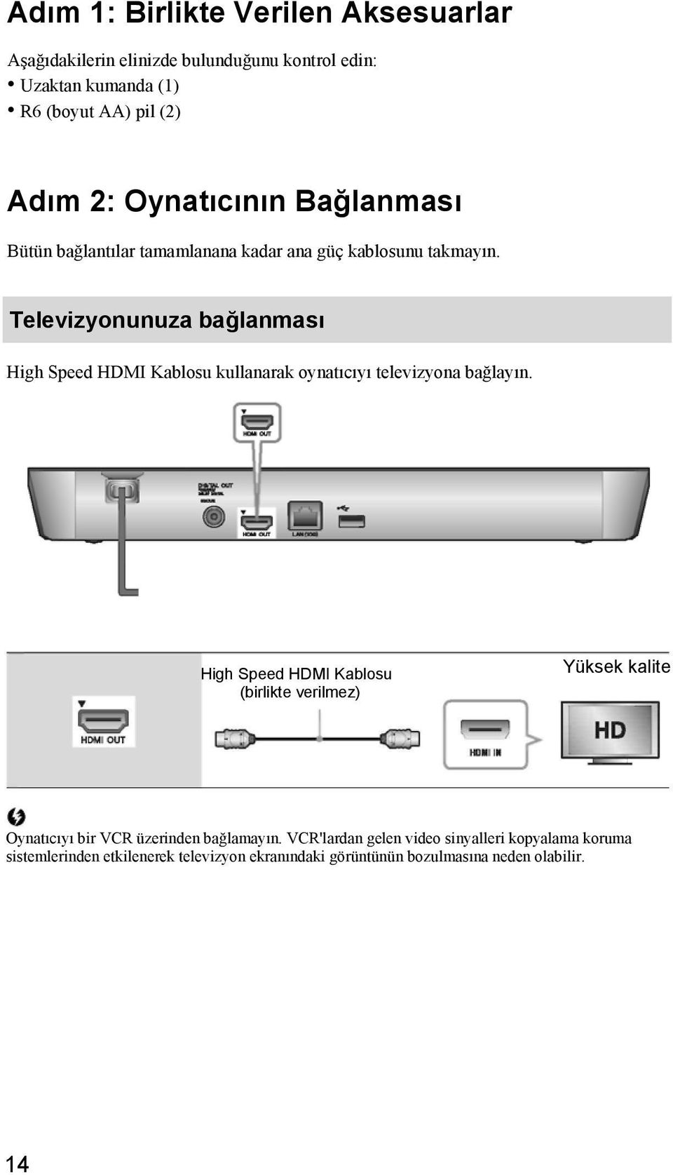 Televizyonunuza bağlanması High Speed HDMI Kablosu kullanarak oynatıcıyı televizyona bağlayın.