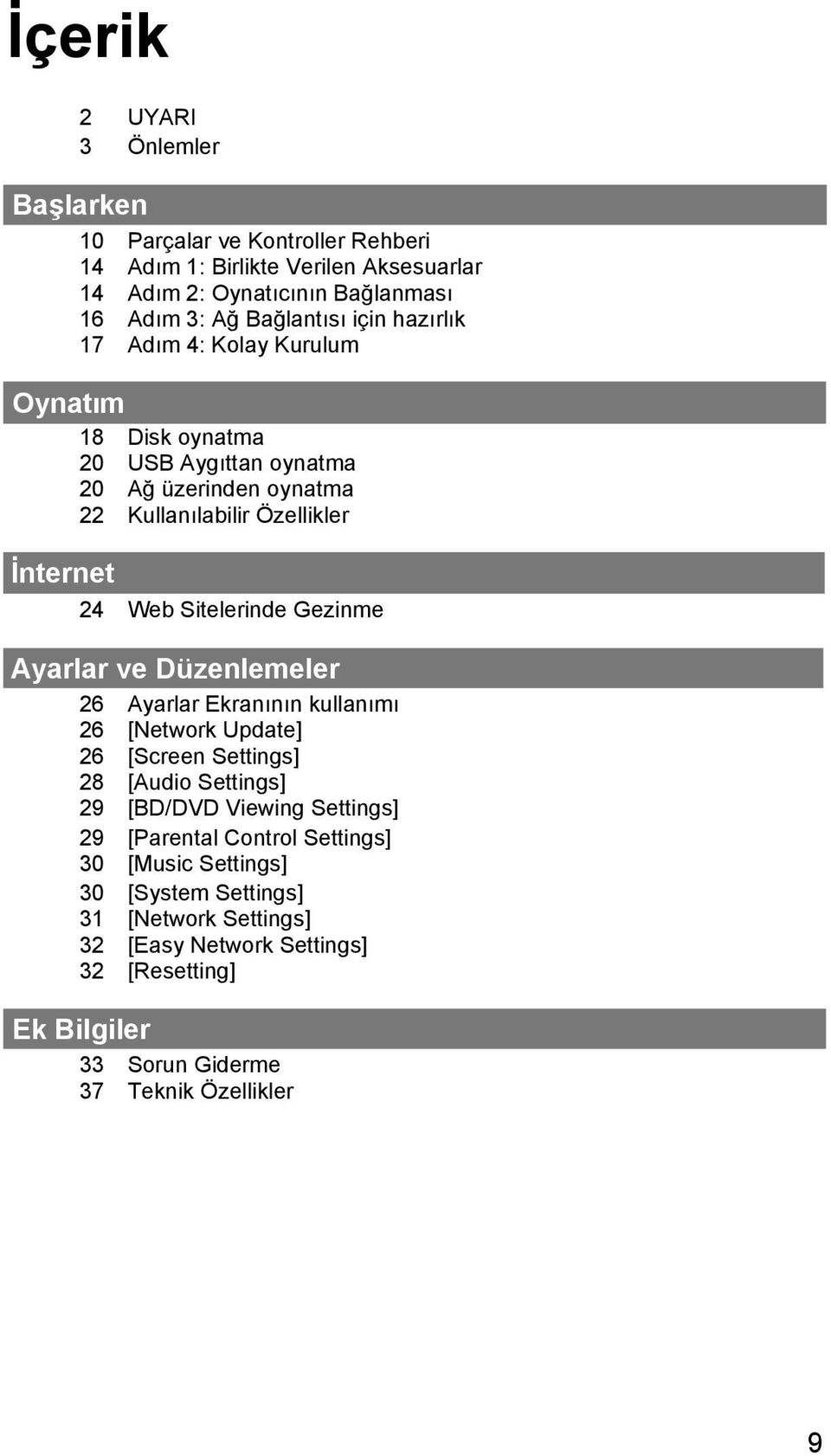 Gezinme Ayarlar ve Düzenlemeler 26 Ayarlar Ekranının kullanımı 26 [Network Update] 26 [Screen Settings] 28 [Audio Settings] 29 [BD/DVD Viewing Settings] 29 [Parental