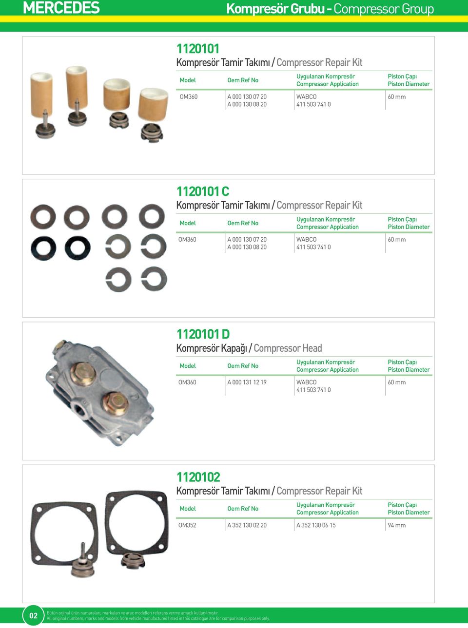 60 mm 1120102 OM352 A 352 130 02 20 A 352 130 06 15 94 mm 02 Bütün orjinal ürün numaraları, markaları ve araç modelleri referans verme