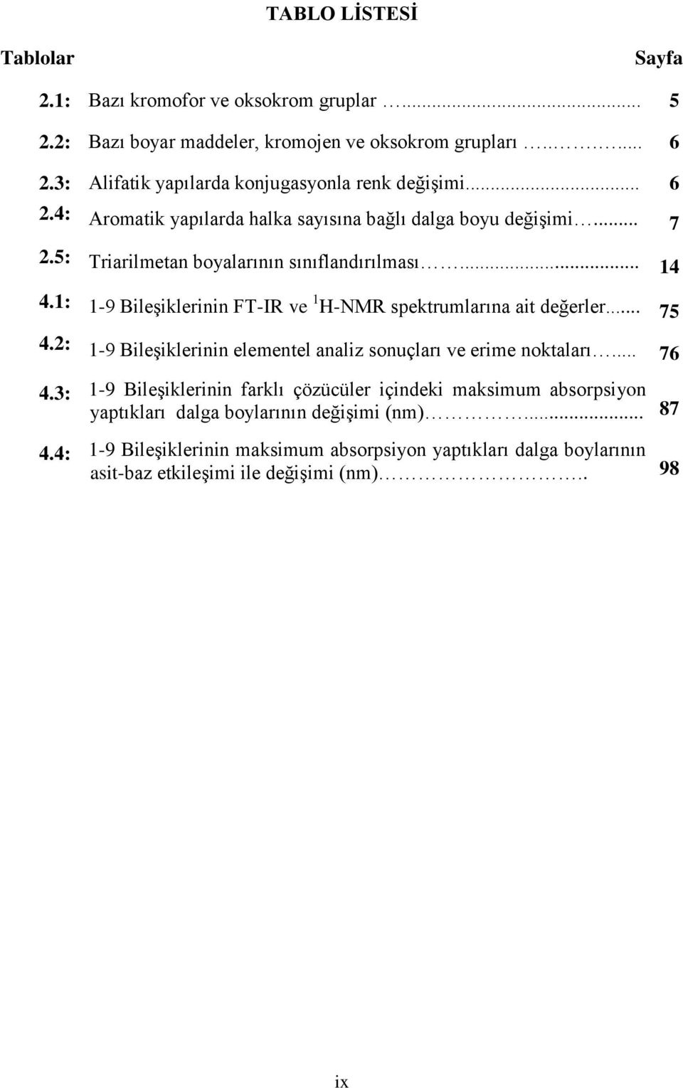 .. 14 4.1: 1-9 Bileşiklerinin FT-IR ve 1 H-MR spektrumlarına ait değerler... 75 4.2: 1-9 Bileşiklerinin elementel analiz sonuçları ve erime noktaları... 76 4.