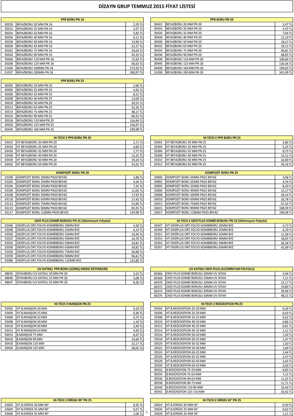 30430 BEYAZBORU 50 MM PN 20 18,27 TL 30260 BEYAZBORU 63 MM PN 16 22,17 TL 30432 BEYAZBORU 63 MM PN 20 29,15 TL 30262 BEYAZBORU 75 MM PN 16 29,63 TL 30434 BEYAZBORU 75 MM PN 20 40,81 TL 30264