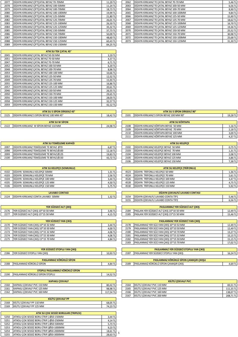 KIRILMAZ TE ÇATAL BEYAZ 100-100MM 9,84 TL 2081 DİZAYN KIRILMAZ ÇİFTÇATAL BEYAZ 125-50MM 21,80 TL 2066 DİZAYN KIRILMAZ TE ÇATAL BEYAZ 125-50 MM 15,90 TL 2082 DİZAYN KIRILMAZ ÇİFTÇATAL BEYAZ 125-70MM