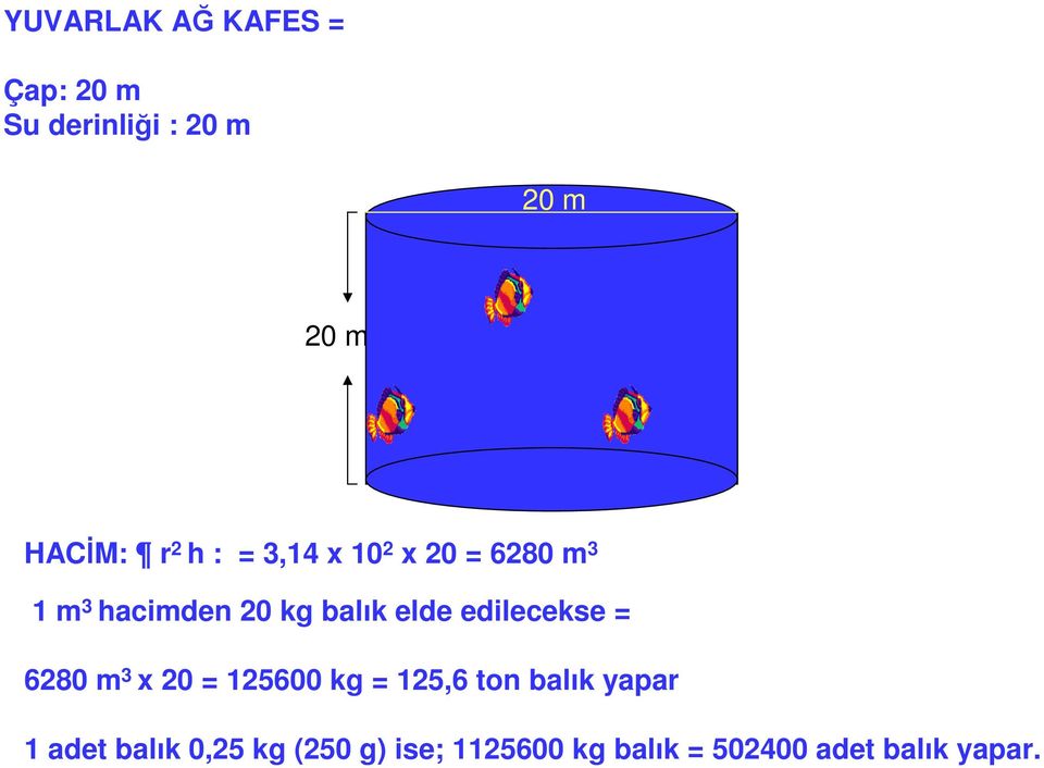 1 m 3 hacimden 20 kg balık elde edilecekse = 6280 m 3 x 20 = 125600 kg = 125,6