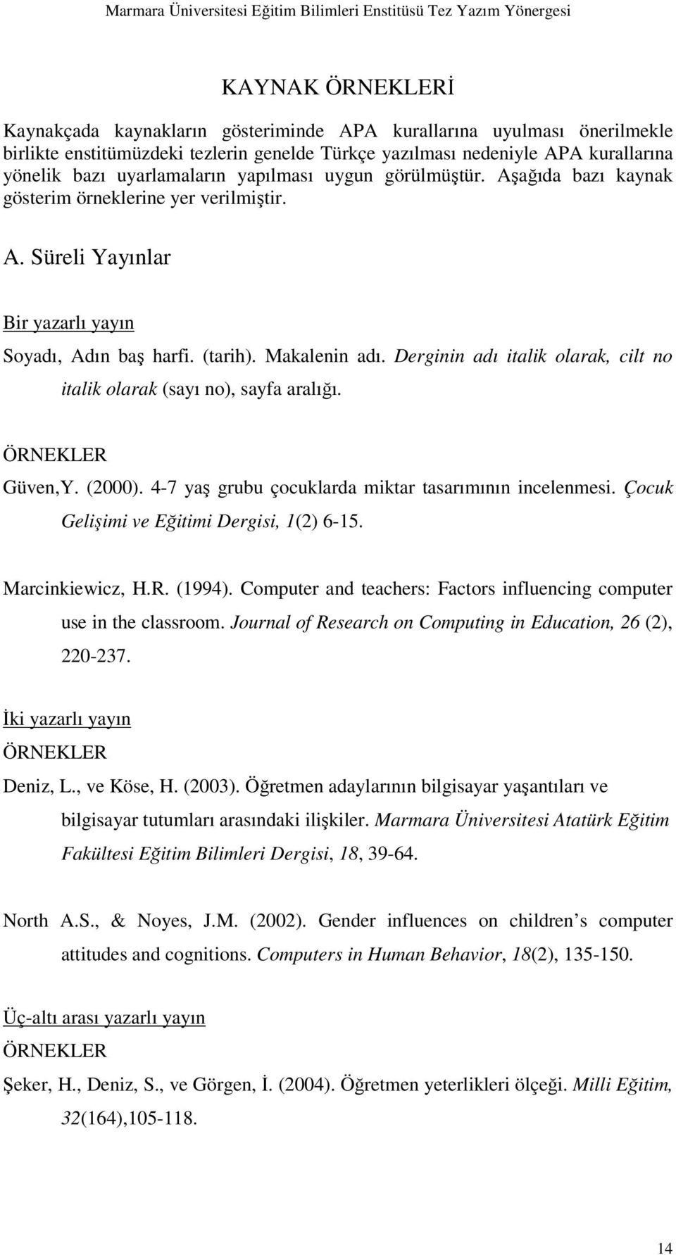 Derginin adı italik olarak, cilt no italik olarak (sayı no), sayfa aralığı. Güven,Y. (2000). 4-7 yaş grubu çocuklarda miktar tasarımının incelenmesi. Çocuk Gelişimi ve Eğitimi Dergisi, 1(2) 6-15.