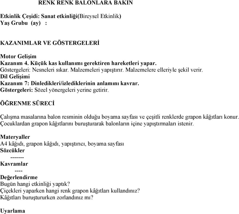 Göstergeleri: Sözel yönergeleri yerine getirir. ÖĞRENME SÜRECİ Çalışma masalarına balon resminin olduğu boyama sayfası ve çeşitli renklerde grapon kâğıtları konur.