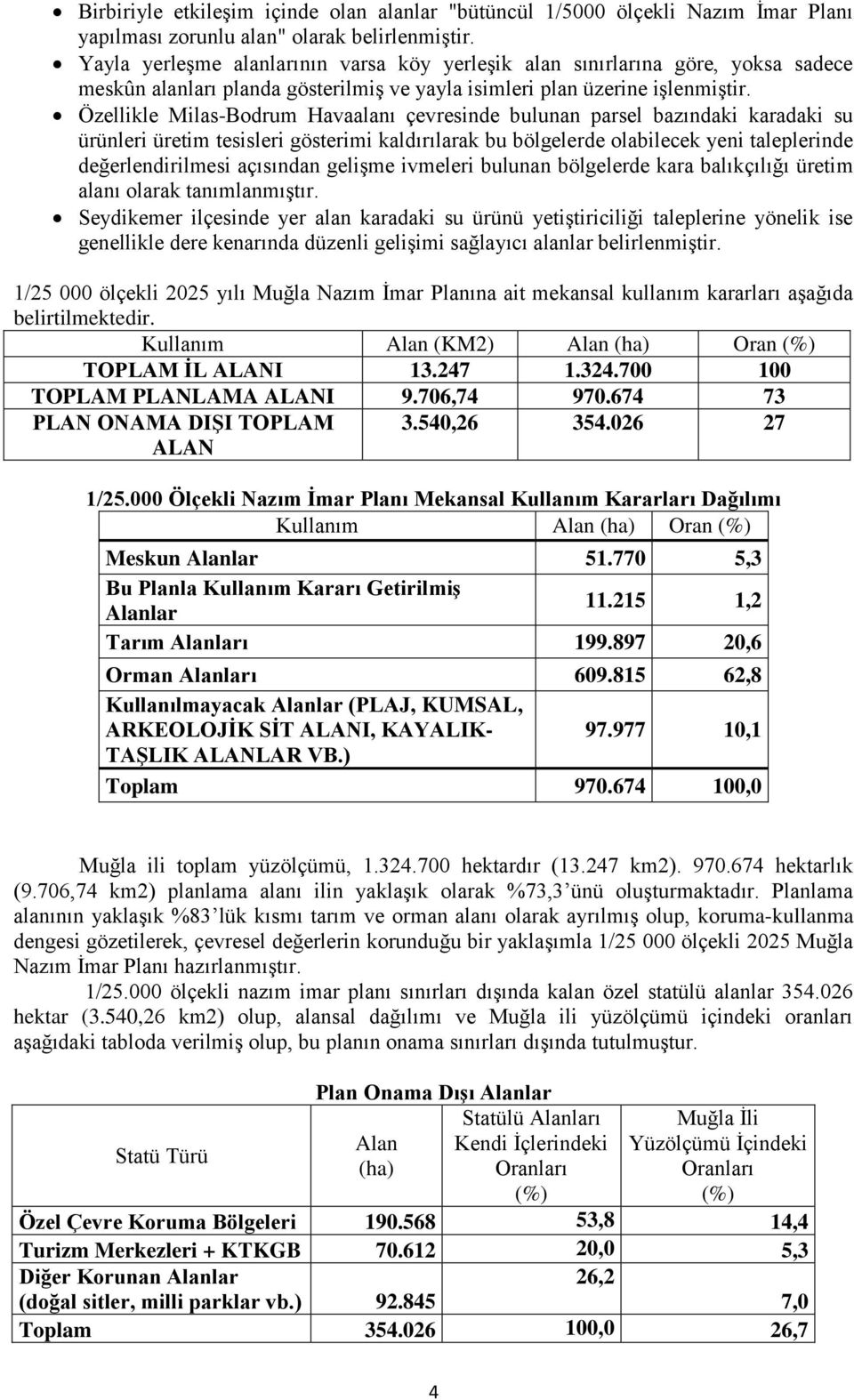 Özellikle Milas-Bodrum Havaalanı çevresinde bulunan parsel bazındaki karadaki su ürünleri üretim tesisleri gösterimi kaldırılarak bu bölgelerde olabilecek yeni taleplerinde değerlendirilmesi