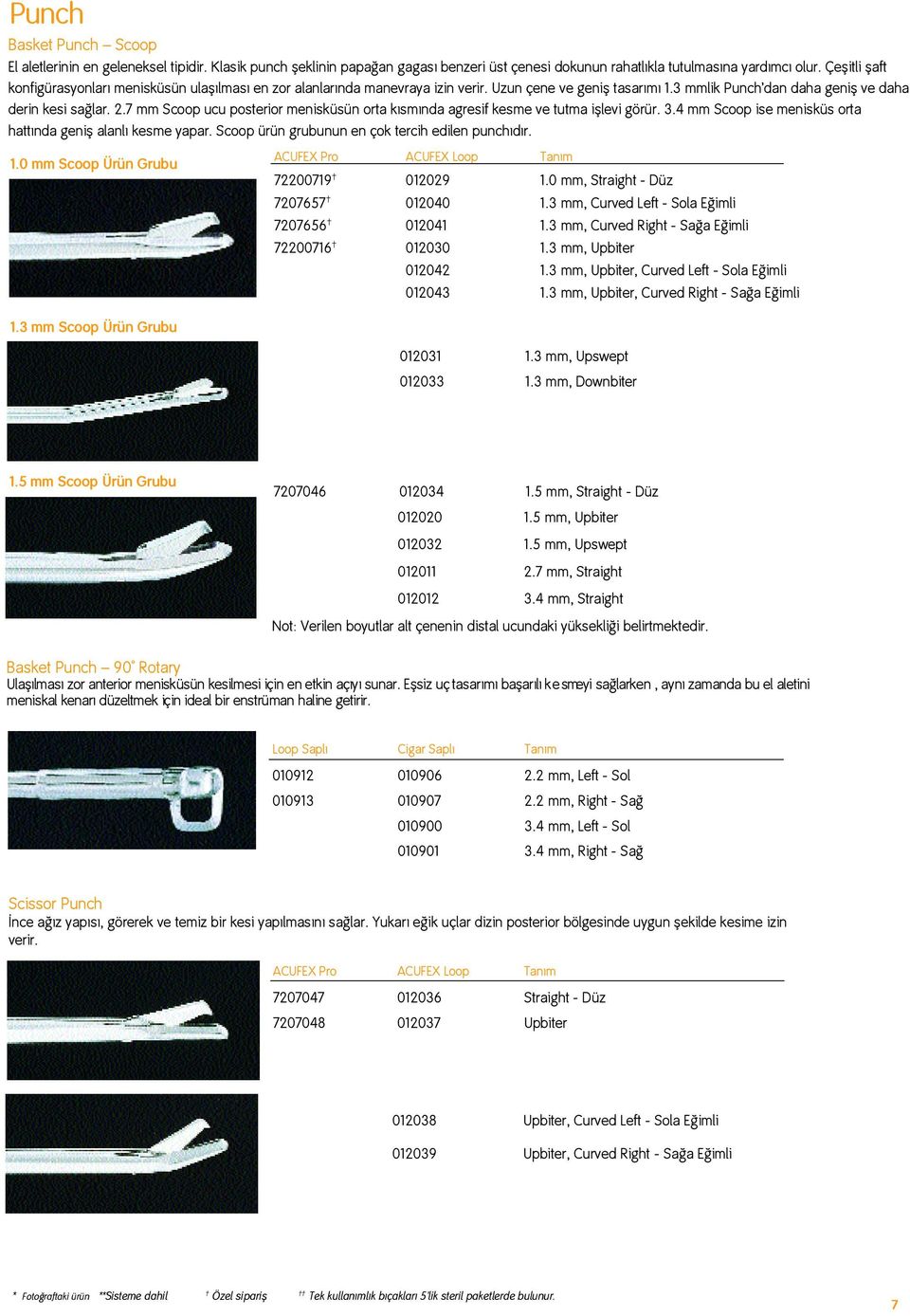 7 mm Scoop ucu posterior menisküsün orta k sm nda agresif kesme ve tutma ifllevi görür. 3.4 mm Scoop ise menisküs orta hatt nda genifl alanl kesme yapar.