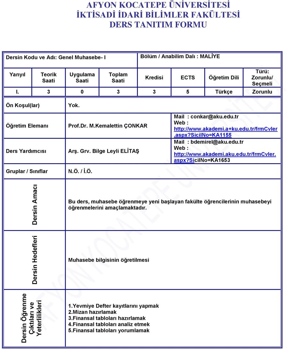 Prof.Dr. M.Kemalettin ÇONKAR ArĢ. Grv. Bilge Leyli ELĠTAġ N.Ö. / Ġ.Ö. Mail : conkar@aku.edu.tr Web : http://www.akademi.a+ku.edu.tr/frmcvler.aspx?sicilno=ka55 Mail : bdemirel@aku.edu.tr Web : http://www.akademi.aku.edu.tr/frmcvler. aspx?