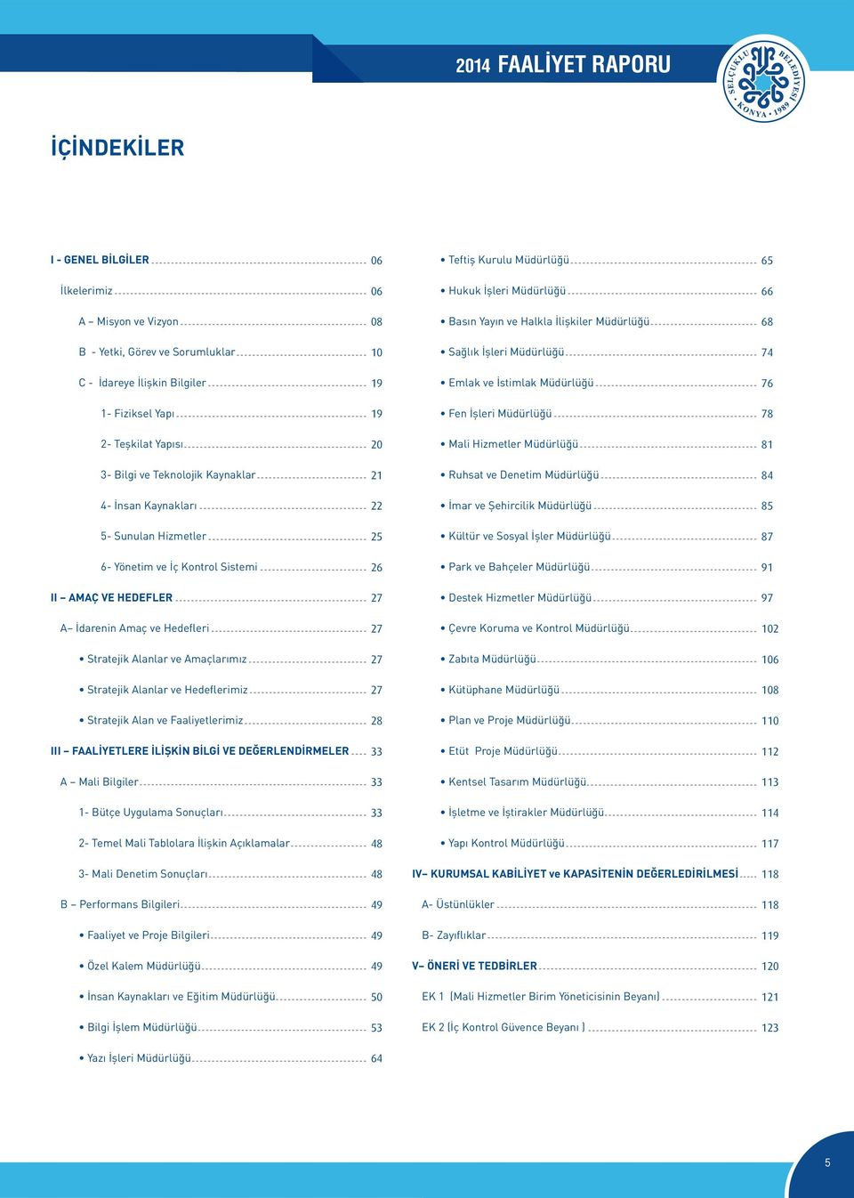 Ruhsat ve Denetim Müdürlüğü 8 - İnsan Kaynakları İmar ve Şehircilik Müdürlüğü 8 - Sunulan Hizmetler Kültür ve Sosyal İşler Müdürlüğü 8 - Yönetim ve İç Kontrol Sistemi Park ve Bahçeler Müdürlüğü 9 II