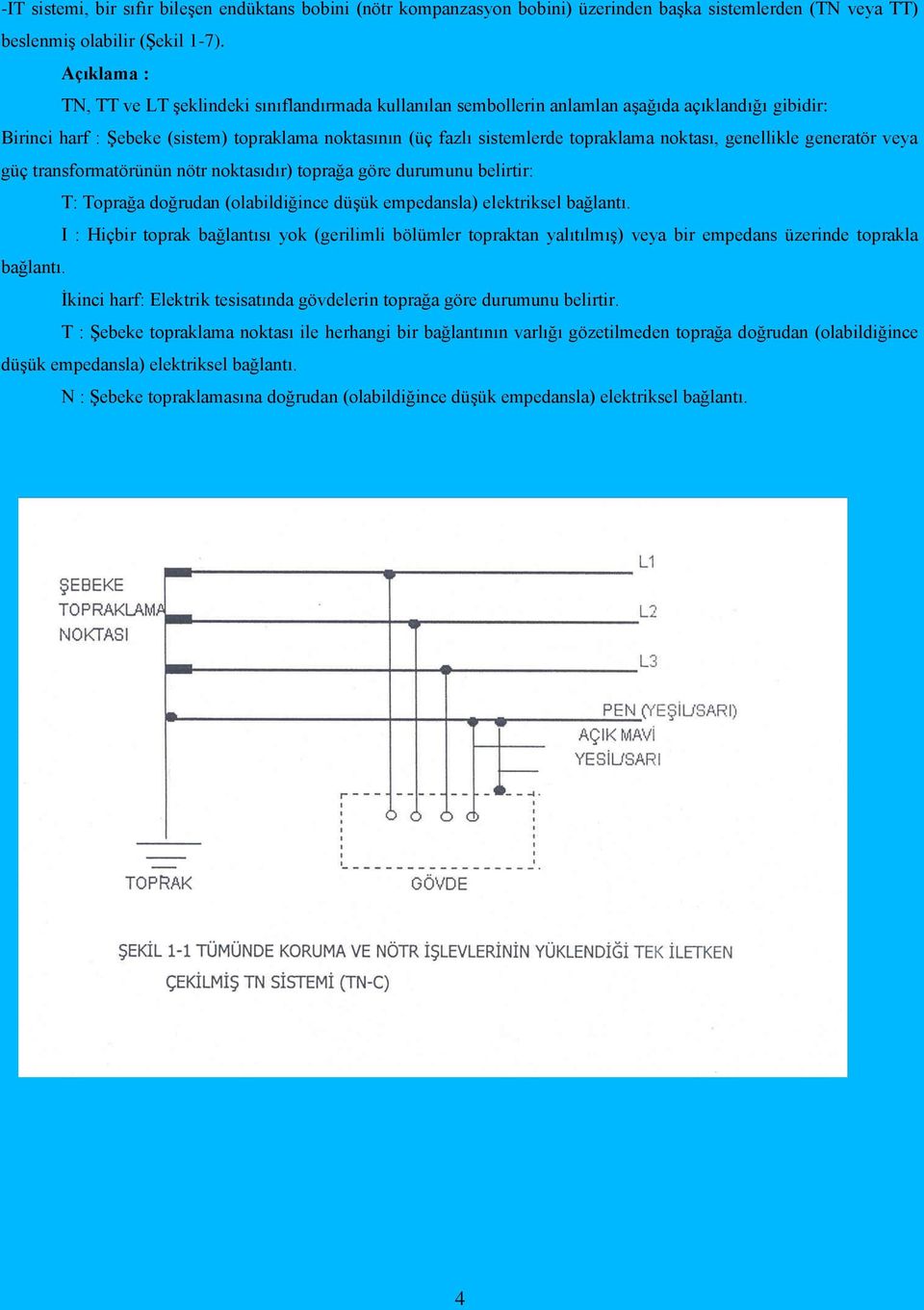 noktası, genellikle generatör veya güç transformatörünün nötr noktasıdır) toprağa göre durumunu belirtir: T: Toprağa doğrudan (olabildiğince düşük empedansla) elektriksel bağlantı.