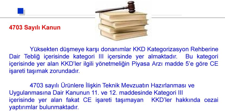 Bu kategori içerisinde yer alan KKD ler ilgili yönetmeliğin Piyasa Arzı madde 5 e göre CE işareti taşımak zorundadır.