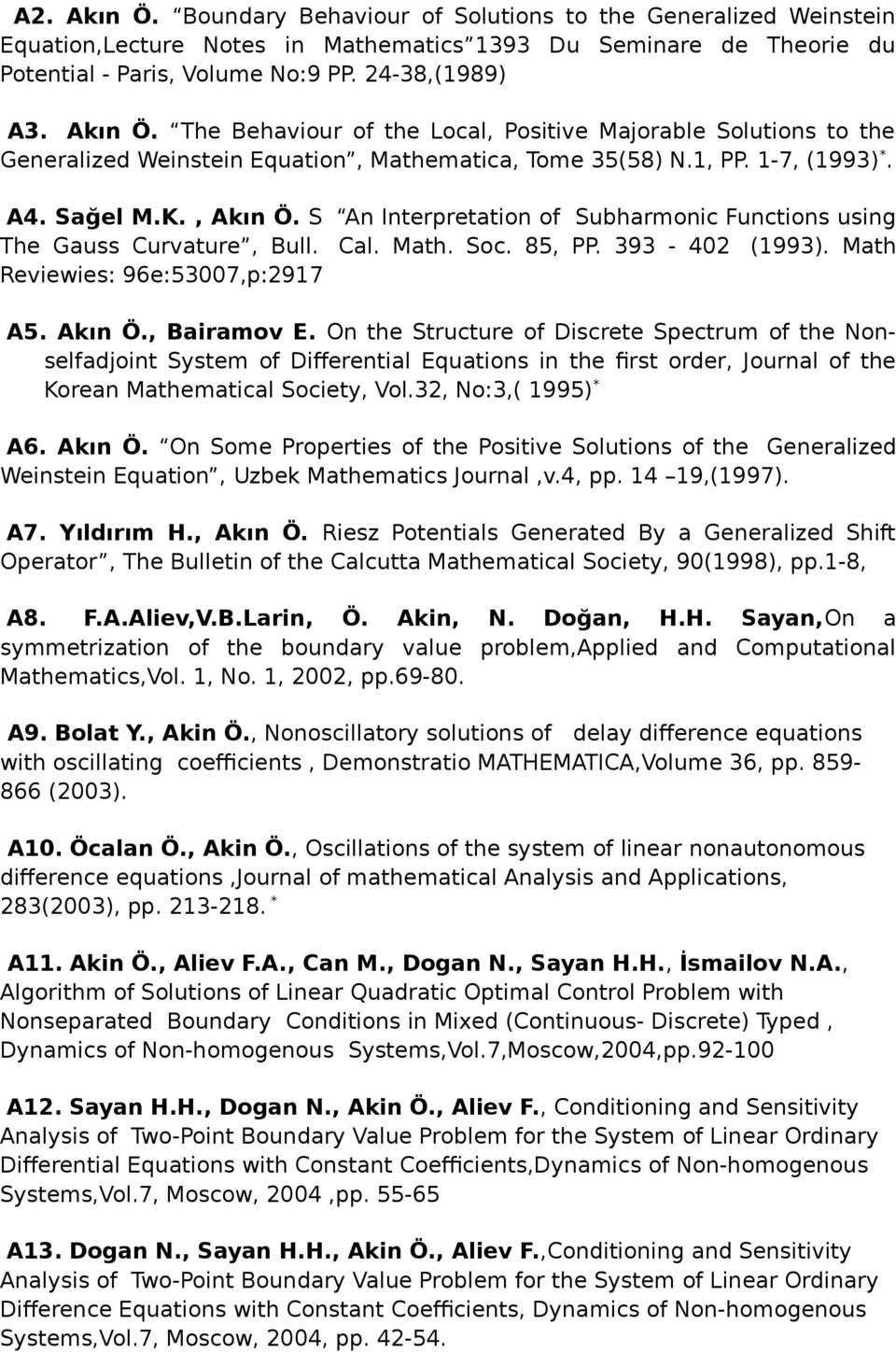 S An Interpretation of Subharmonic Functions using The Gauss Curvature, Bull. Cal. Math. Soc. 85, PP. 393-402 (1993). Math Reviewies: 96e:53007,p:2917 A5. Akın Ö., Bairamov E.