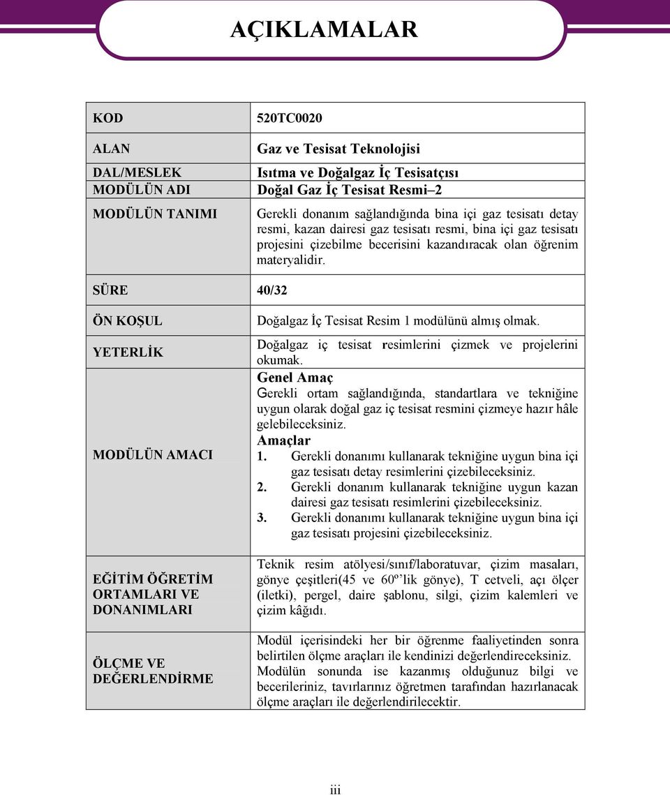 SÜRE 40/32 ÖN KOŞUL YETERLİK MODÜLÜN AMACI EĞİTİM ÖĞRETİM ORTAMLARI VE DONANIMLARI ÖLÇME VE DEĞERLENDİRME Doğalgaz İç Tesisat Resim 1 modülünü almış olmak.