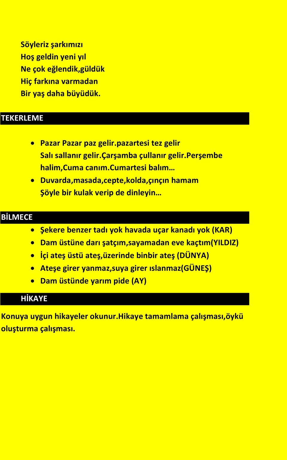 cumartesi balım Duvarda,masada,cepte,kolda,çınçın hamam Şöyle bir kulak verip de dinleyin BİLMECE Şekere benzer tadı yok havada uçar kanadı yok (KAR) Dam