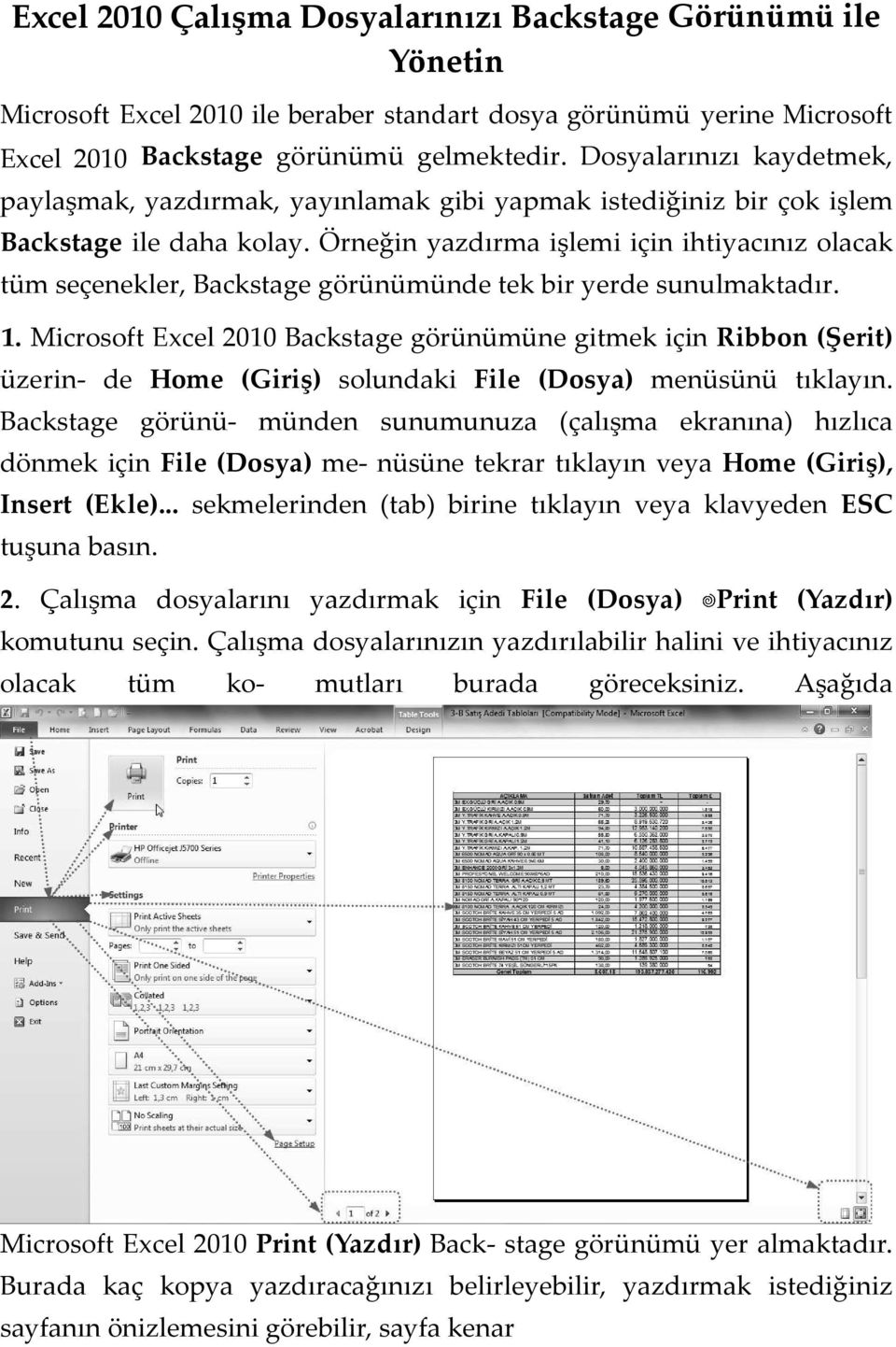 Örneğin yazdırma işlemi için ihtiyacınız olacak tüm seçenekler, Backstage görünümünde tek bir yerde sunulmaktadır. 1.