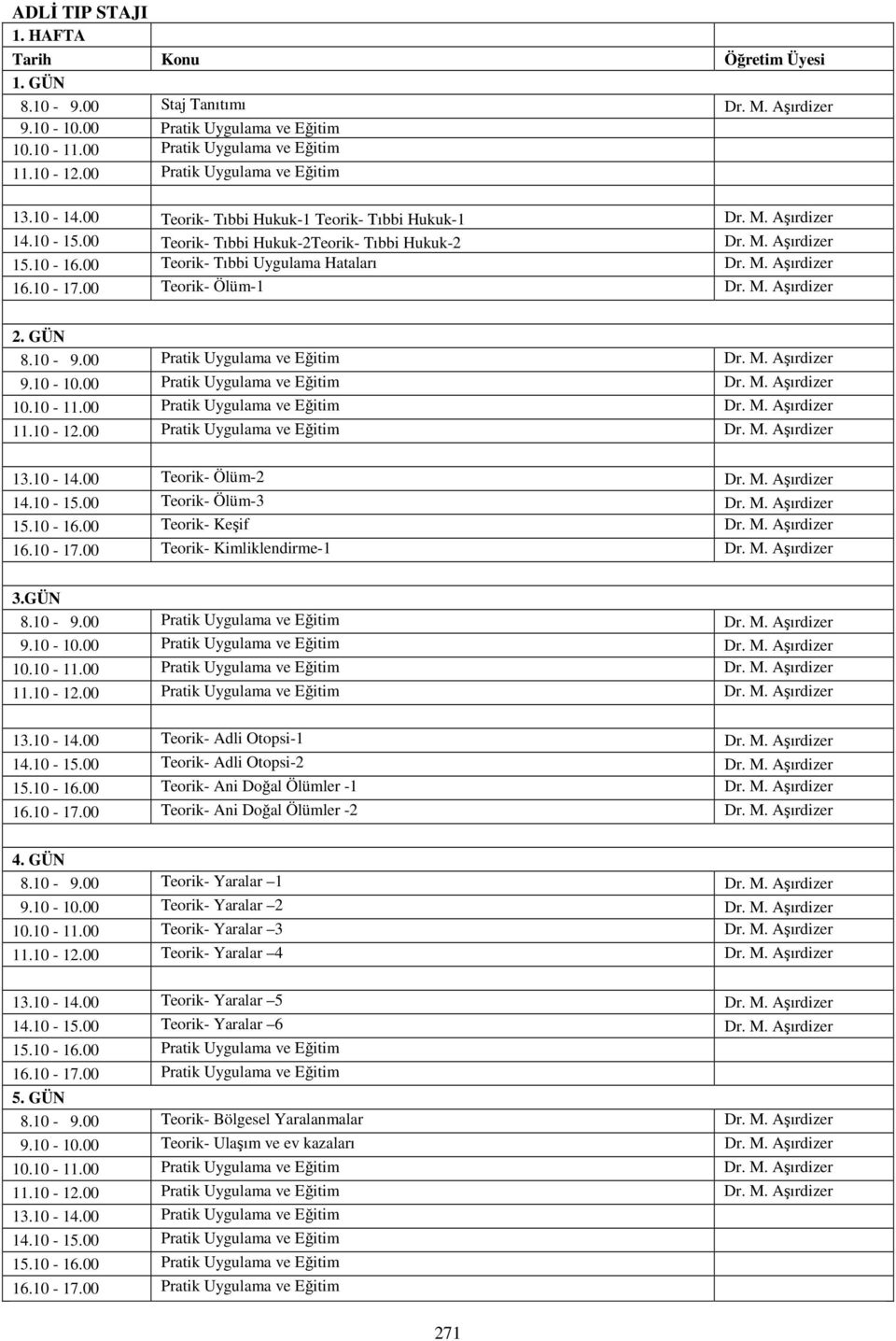 00 Teorik- Tıbbi Uygulama Hataları Dr. M. Aşırdizer 16.10-17.00 Teorik- Ölüm-1 Dr. M. Aşırdizer 2. GÜN 8.10-9.00 Pratik Uygulama ve Eğitim Dr. M. Aşırdizer 9.10-10.00 Pratik Uygulama ve Eğitim Dr. M. Aşırdizer 10.