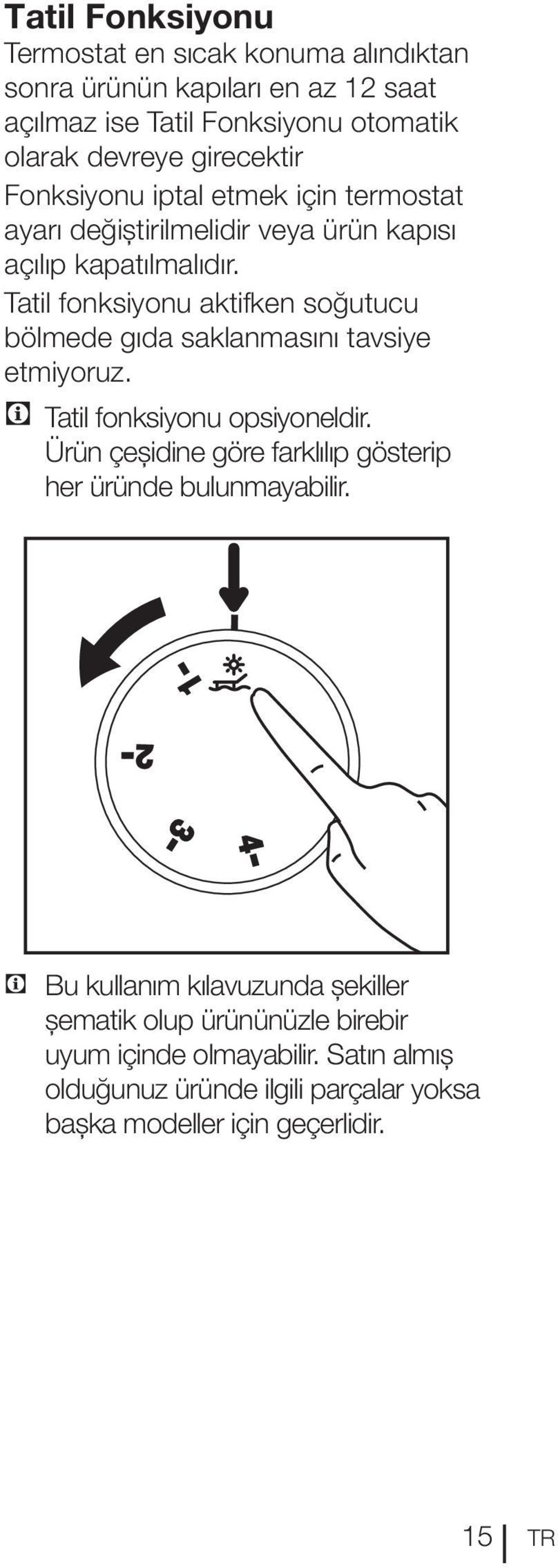 Tatil fonksiyonu aktifken soğutucu bölmede gıda saklanmasını tavsiye etmiyoruz. C Tatil fonksiyonu opsiyoneldir.