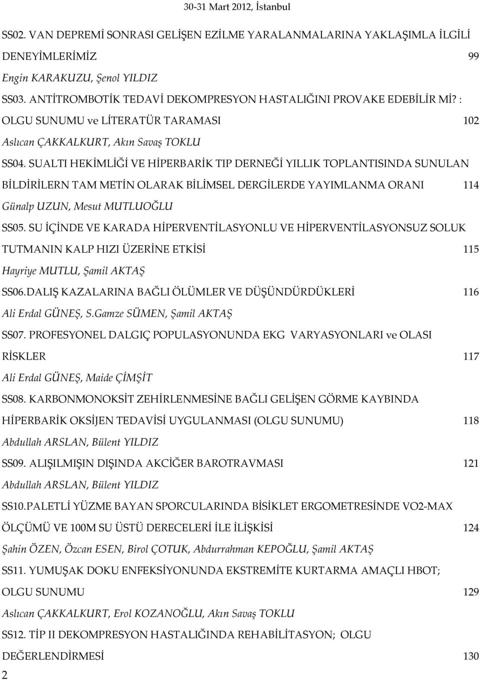 SUALTI HEKİMLİĞİ VE HİPERBARİK TIP DERNEĞİ YILLIK TOPLANTISINDA SUNULAN BİLDİRİLERN TAM METİN OLARAK BİLİMSEL DERGİLERDE YAYIMLANMA ORANI 114 Günalp UZUN, Mesut MUTLUOĞLU SS05.