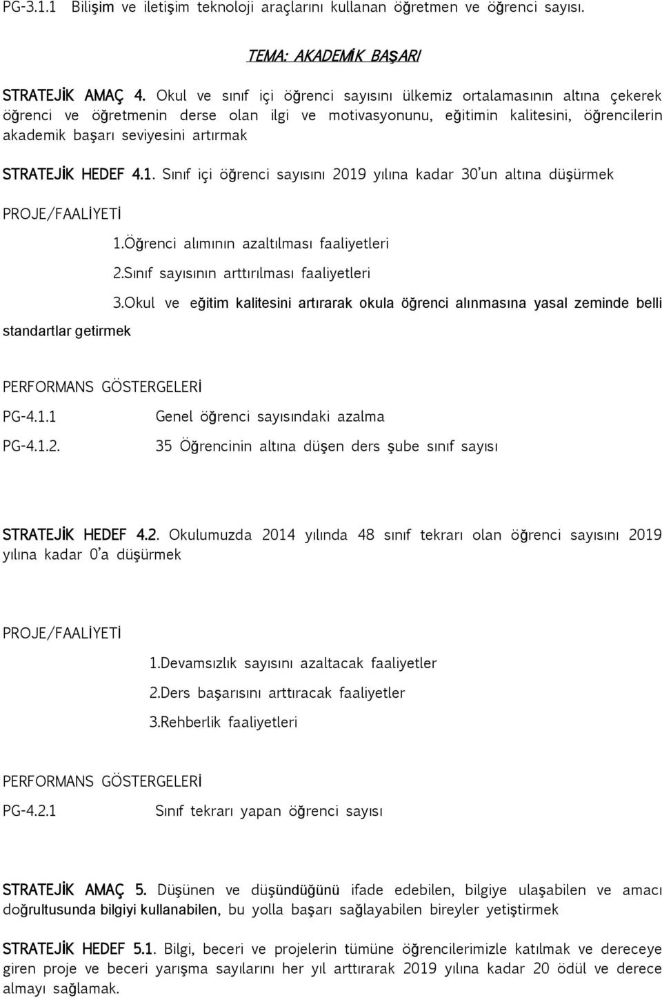 STRATEJİK HEDEF 4.1. Sınıf içi öğrenci sayısını 2019 yılına kadar 30 un altına düşürmek 1.Öğrenci alımının azaltılması faaliyetleri 2.Sınıf sayısının arttırılması faaliyetleri 3.