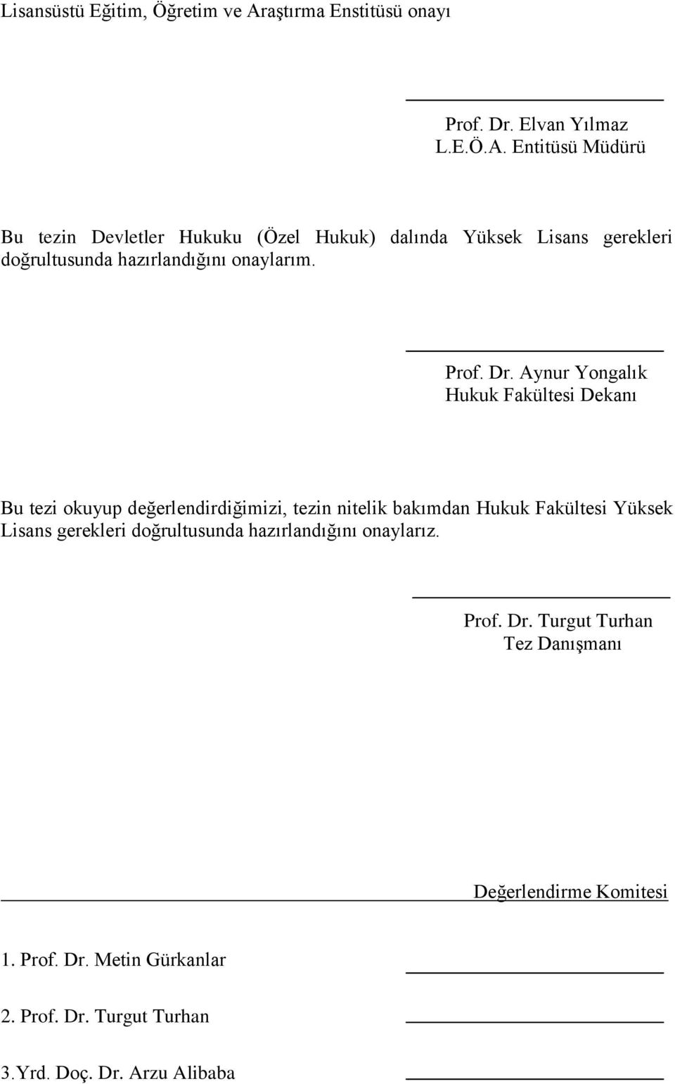 Entitüsü Müdürü Bu tezin Devletler Hukuku (Özel Hukuk) dalında Yüksek Lisans gerekleri doğrultusunda hazırlandığını onaylarım. Prof. Dr.