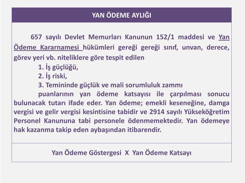 Temininde güçlük ve mali sorumluluk zammı puanlarının yan ödeme katsayısı ile çarpılması sonucu bulunacak tutarıt ifade eder.