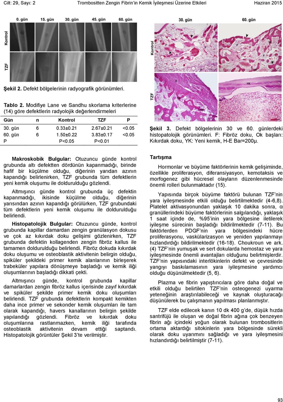 05 P<0.01 Şekil 3. Defekt bölgelerinin 30 ve 60. günlerdeki histopatolojik görünümleri. F: Fibröz doku, Ok başları: Kıkırdak doku, YK: Yeni kemik, H-E Bar=200µ.