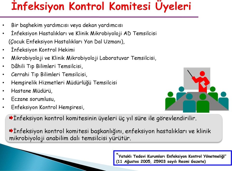 Hastane Müdürü, Eczane sorumlusu, Enfeksiyon Kontrol HemĢiresi, Ġnfeksiyon kontrol komitesinin üyeleri üç yıl süre ile görevlendirilir.