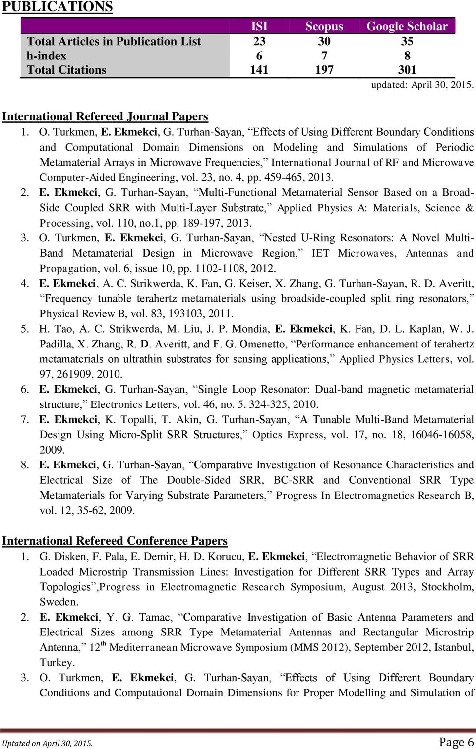 Turhan-Sayan, Effects of Using Different Boundary Conditions and Computational Domain Dimensions on Modeling and Simulations of Periodic Metamaterial Arrays in Microwave Frequencies, International