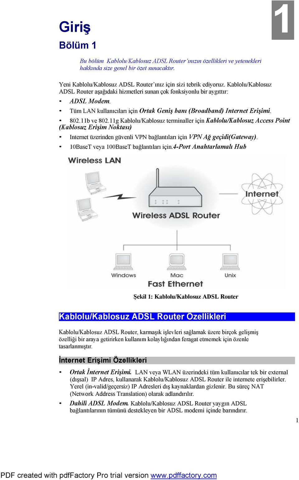 11g Kablolu/Kablosuz terminaller için Kablolu/Kablosuz Access Point (Kablosuz Erişim Noktası) Internet üzerinden güvenli VPN bağlantıları için VPN Ağ geçidi(gateway).