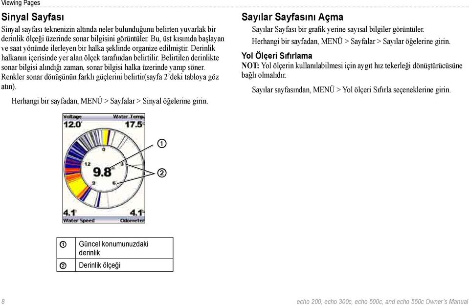 Belirtilen derinlikte sonar bilgisi alındığı zaman, sonar bilgisi halka üzerinde yanıp söner. Renkler sonar dönüşünün farklı güçlerini belirtir(sayfa 2 deki tabloya göz atın).