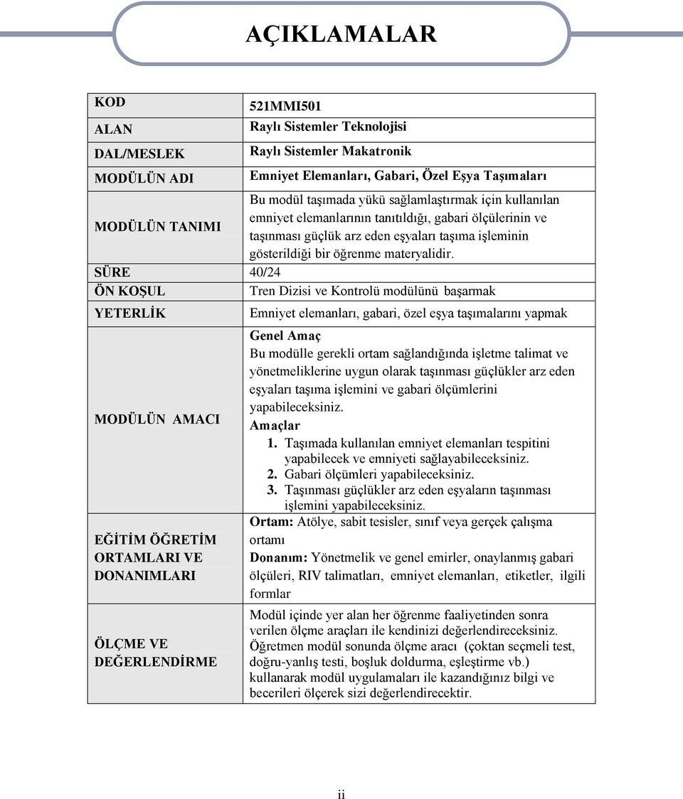 SÜRE 40/24 ÖN KOġUL Tren Dizisi ve Kontrolü modülünü baģarmak YETERLĠK MODÜLÜN AMACI EĞĠTĠM ÖĞRETĠM ORTAMLARI VE DONANIMLARI ÖLÇME VE DEĞERLENDĠRME AÇIKLAMALAR Emniyet elemanları, gabari, özel eģya