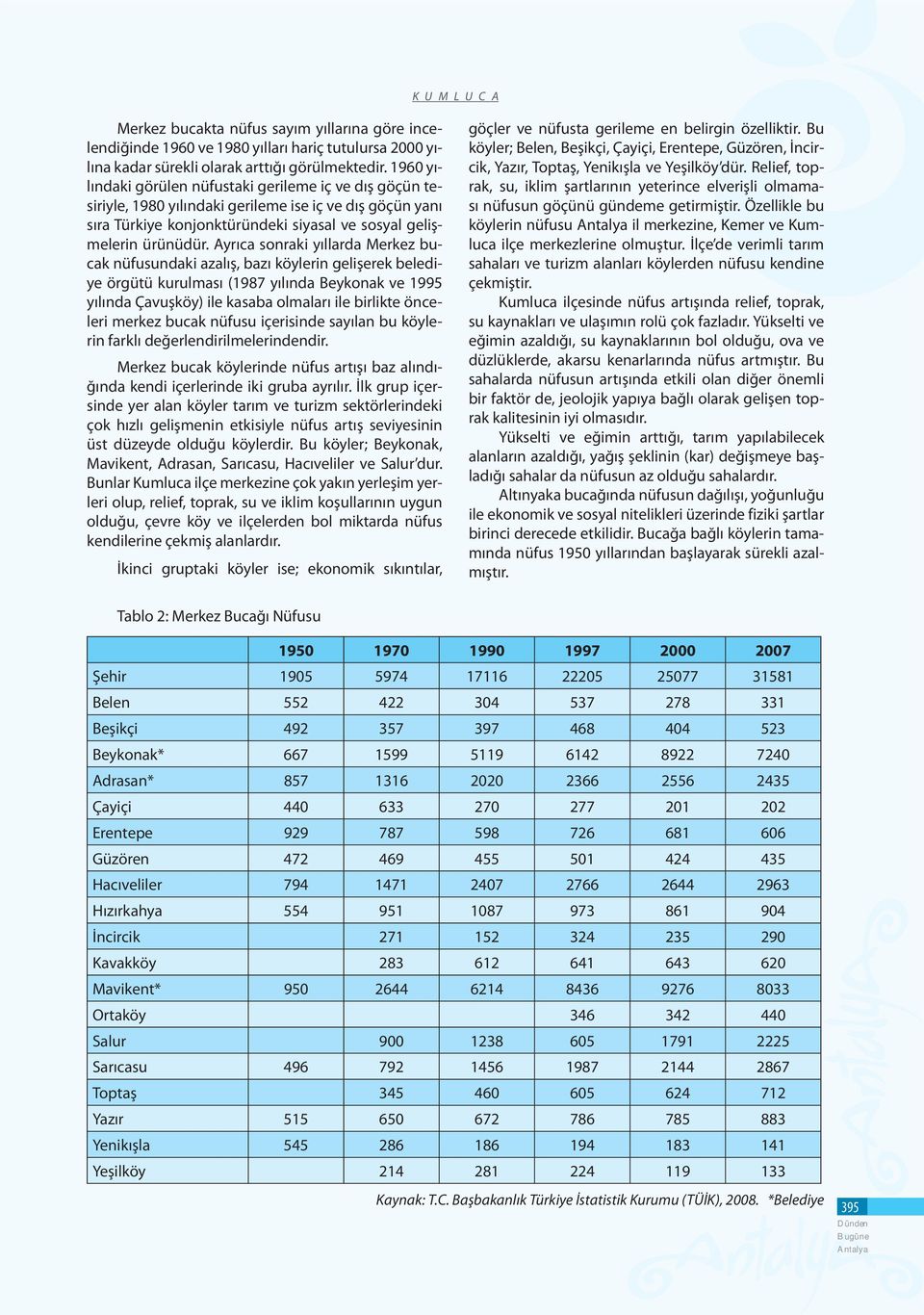 Ayrıca sonraki yıllarda Merkez bucak nüfusundaki azalış, bazı köylerin gelişerek belediye örgütü kurulması (1987 yılında Beykonak ve 1995 yılında Çavuşköy) ile kasaba olmaları ile birlikte önceleri